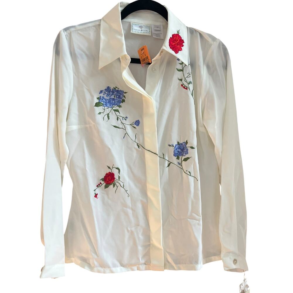 Susan Bristol Floral Embroidered Button Down Blouse | Sz 6P Ivory Vintage NWT
